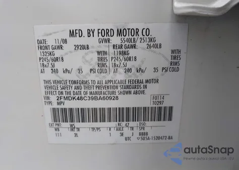 2009 Ford Edge Sel из США, поврежденный, VIN 2FMDK48C39BA60928